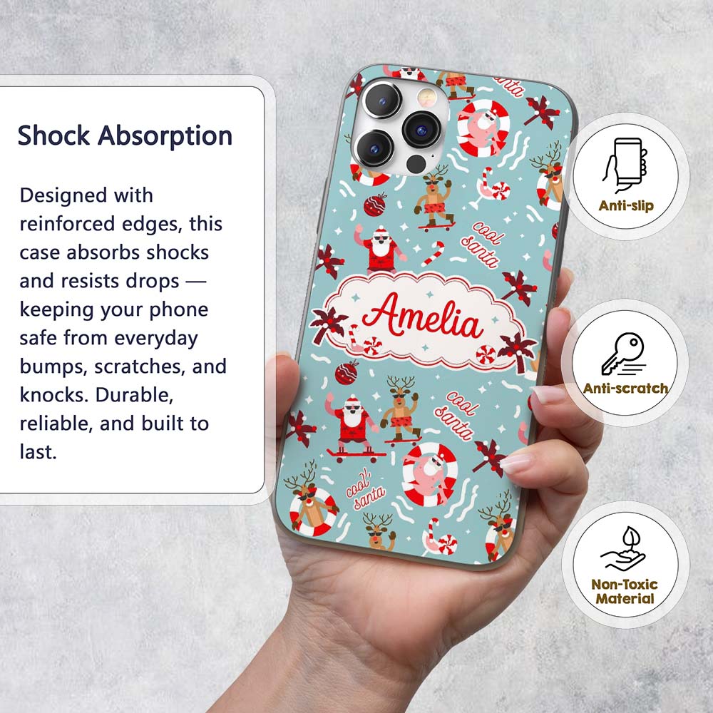 Cool Santa Reindeer Skateboard Christmas Seamless Custom Name Protective Phone Case Mobile Cover Durable Everyday Smartphone Shock Resistant