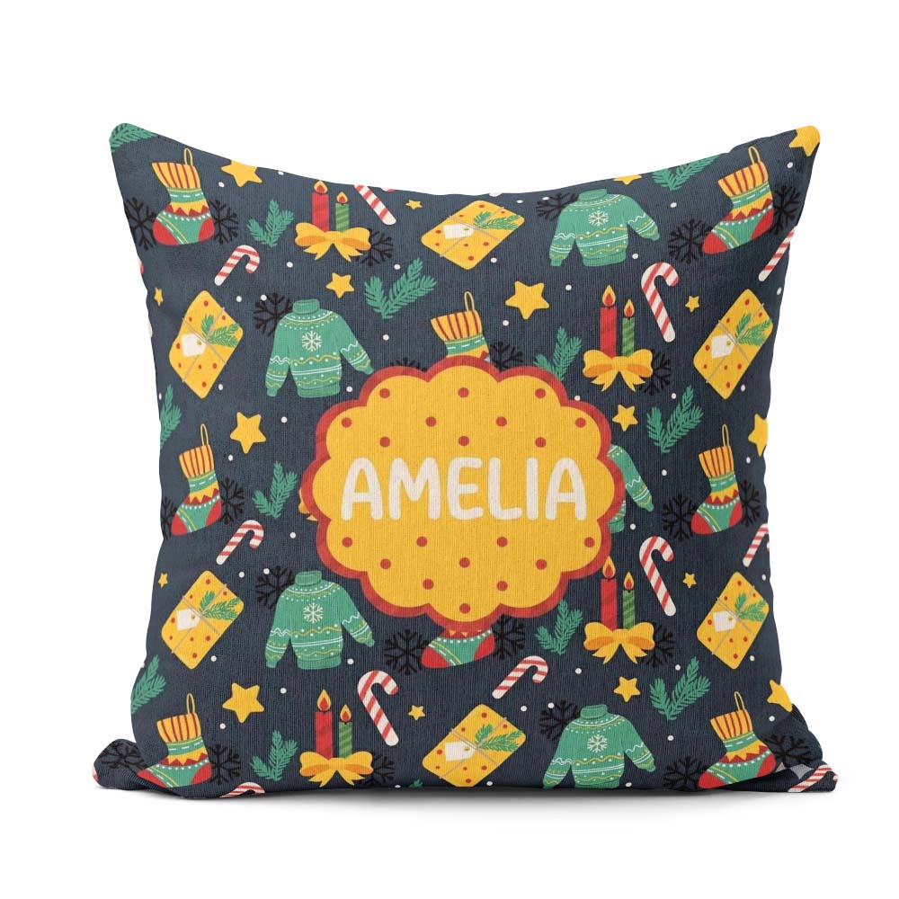 Custom Name Christmas Sweater Candle Candy Cane Seamless Pattern Square Filled Cushion Throw Pillow Sofa Bed Home Decor Zip Washable UK Made