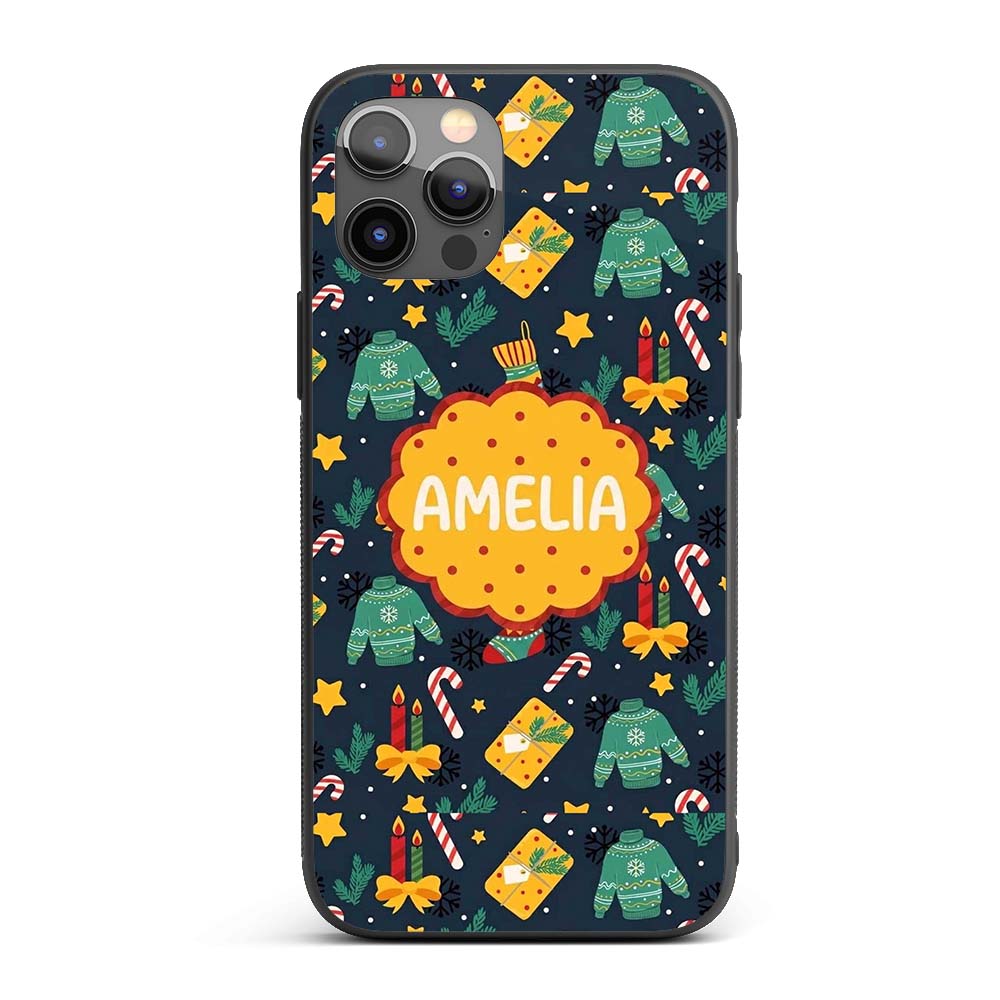 Christmas Sweater Candle Gift Candy Cane Seamless Custom Name Protective Phone Case Mobile Cover Durable Everyday Smartphone Shock Resistant