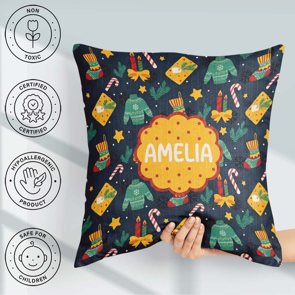 Custom Name Christmas Sweater Candle Candy Cane Seamless Pattern Square Filled Cushion Throw Pillow Sofa Bed Home Decor Zip Washable UK Made