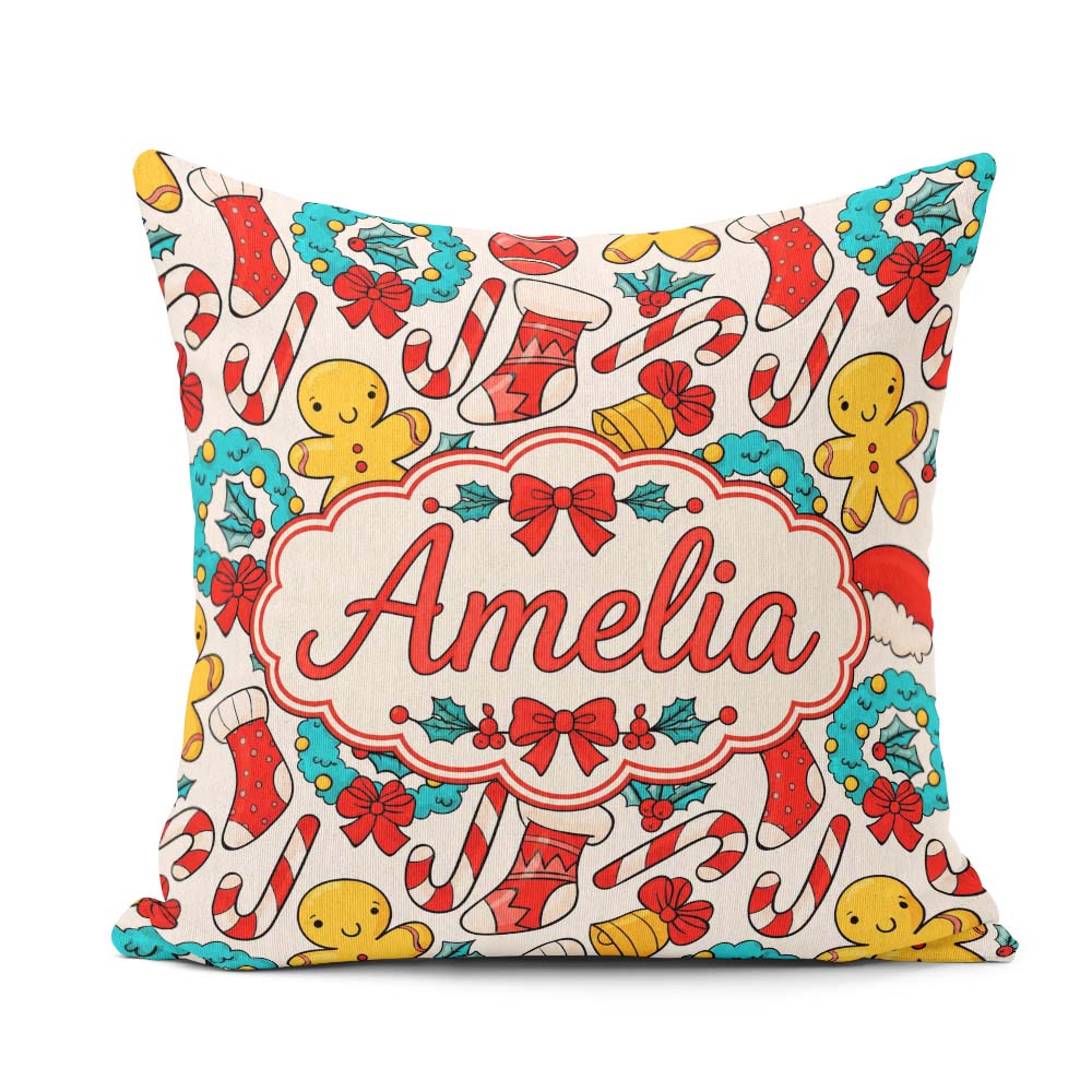 Custom Name Cute Gingerbread Candy Cane Wreath Stocking Seamless Square Filled Cushion Throw Pillow Sofa Bed Home Decor Zip Washable UK Made