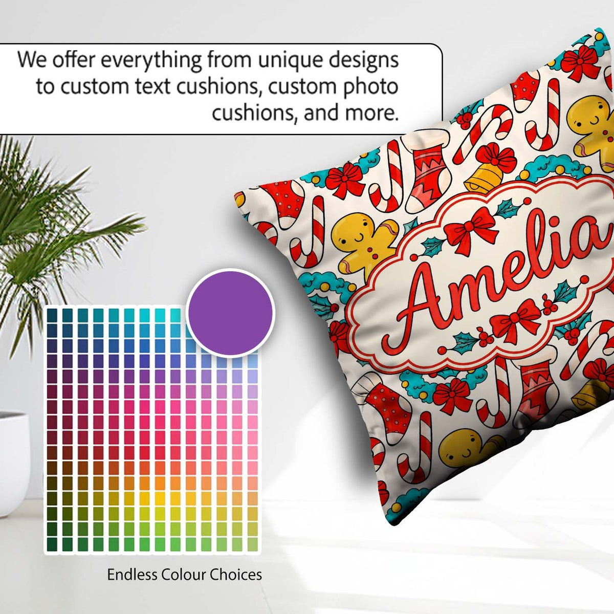 Custom Name Cute Gingerbread Candy Cane Wreath Stocking Seamless Square Filled Cushion Throw Pillow Sofa Bed Home Decor Zip Washable UK Made