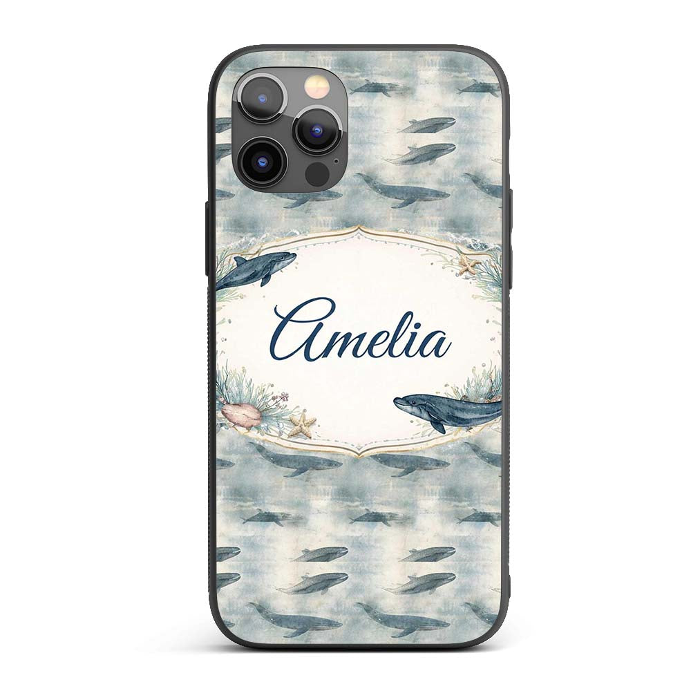 Deep Teal Whale Seamless Pattern Minimal Marine Custom Name Protective Phone Case Mobile Cover Durable Everyday Smartphone Shock Resistant