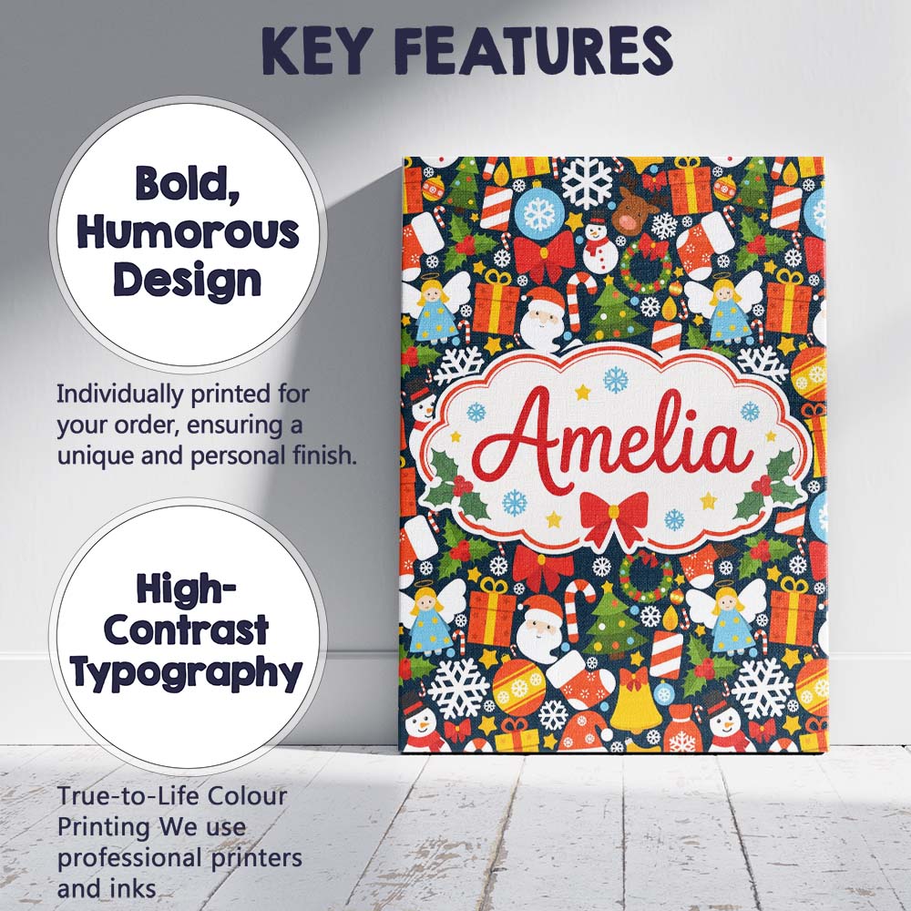 Personalised Name Cute Christmas Tree Custom Modern Room Accent Creative Decorator Style Canvas Wall Art Print Decor Picture Ready to Hang