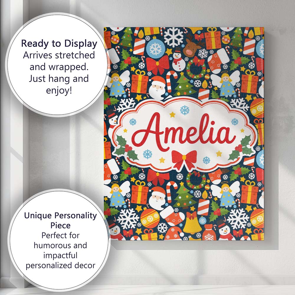 Personalised Name Cute Christmas Tree Custom Modern Room Accent Creative Decorator Style Canvas Wall Art Print Decor Picture Ready to Hang