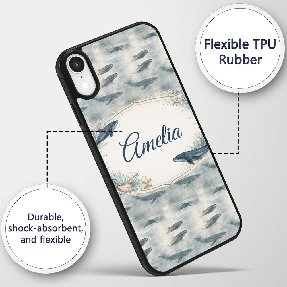 Deep Teal Whale Seamless Pattern Minimal Marine Custom Name Protective Phone Case Mobile Cover Durable Everyday Smartphone Shock Resistant