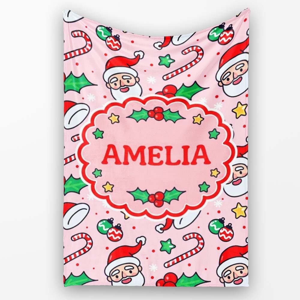 Cute Santa Face Candy Cane Holly Berry Seamless Pattern Lovely Personalised Custom Name Super Soft Fleece Blanket Bed Sofa Throw