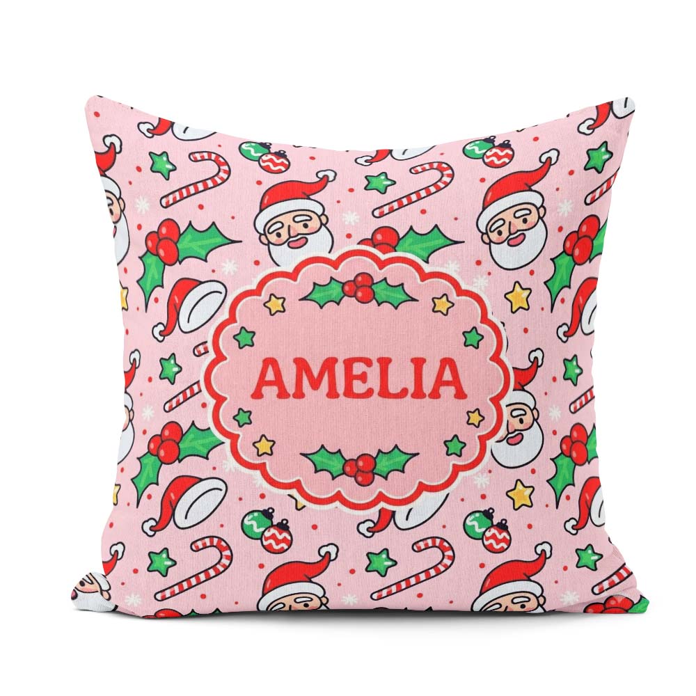 Custom Name Santa Face Candy Cane Holly Berry Seamless Pattern Square Filled Cushion Throw Pillow Sofa Bed Home Decor Zip Washable UK Made