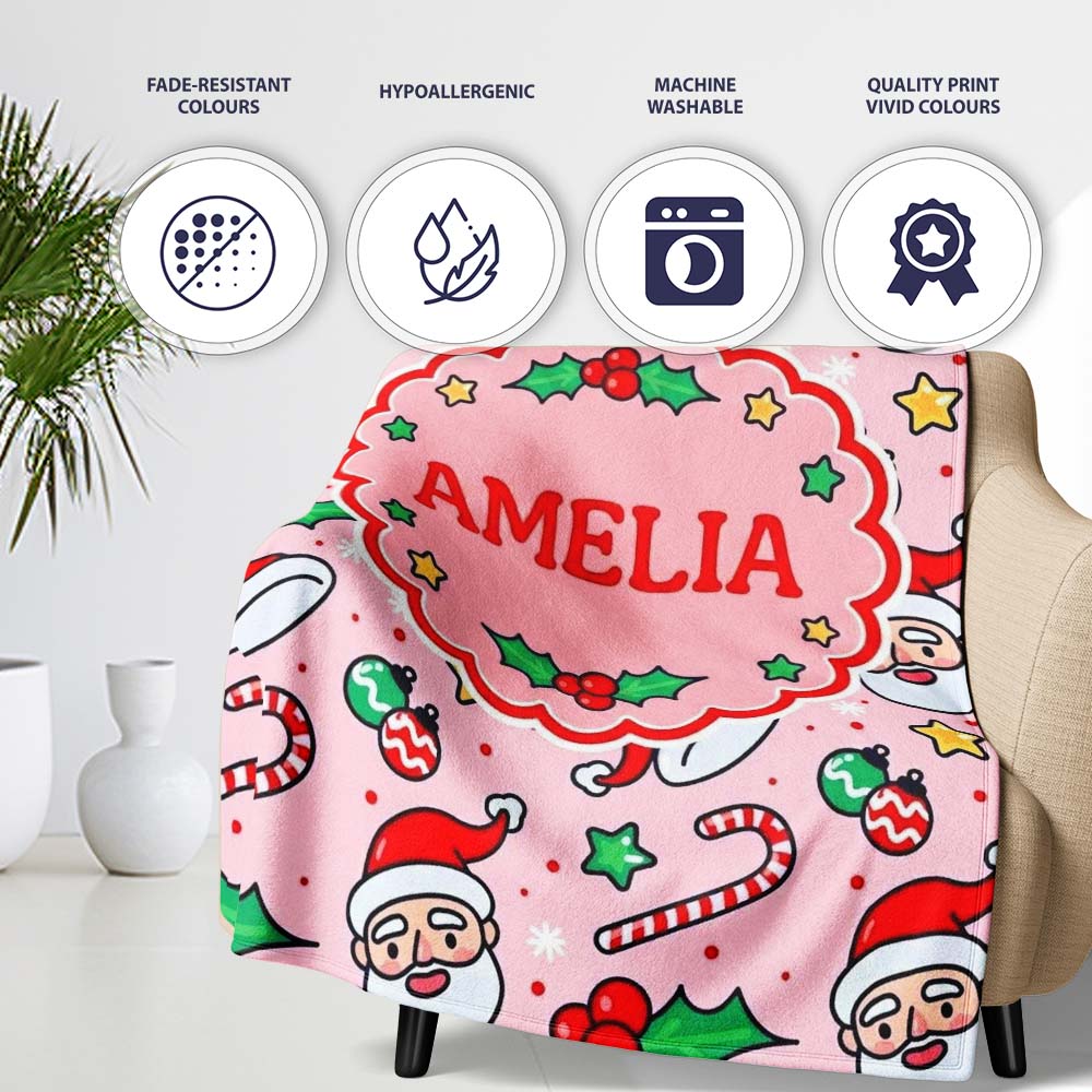 Cute Santa Face Candy Cane Holly Berry Seamless Pattern Lovely Personalised Custom Name Super Soft Fleece Blanket Bed Sofa Throw