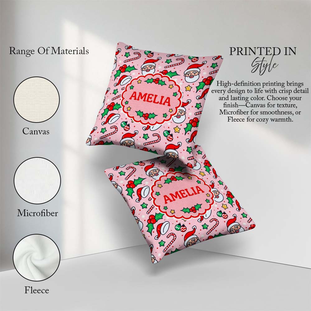 Custom Name Santa Face Candy Cane Holly Berry Seamless Pattern Square Filled Cushion Throw Pillow Sofa Bed Home Decor Zip Washable UK Made