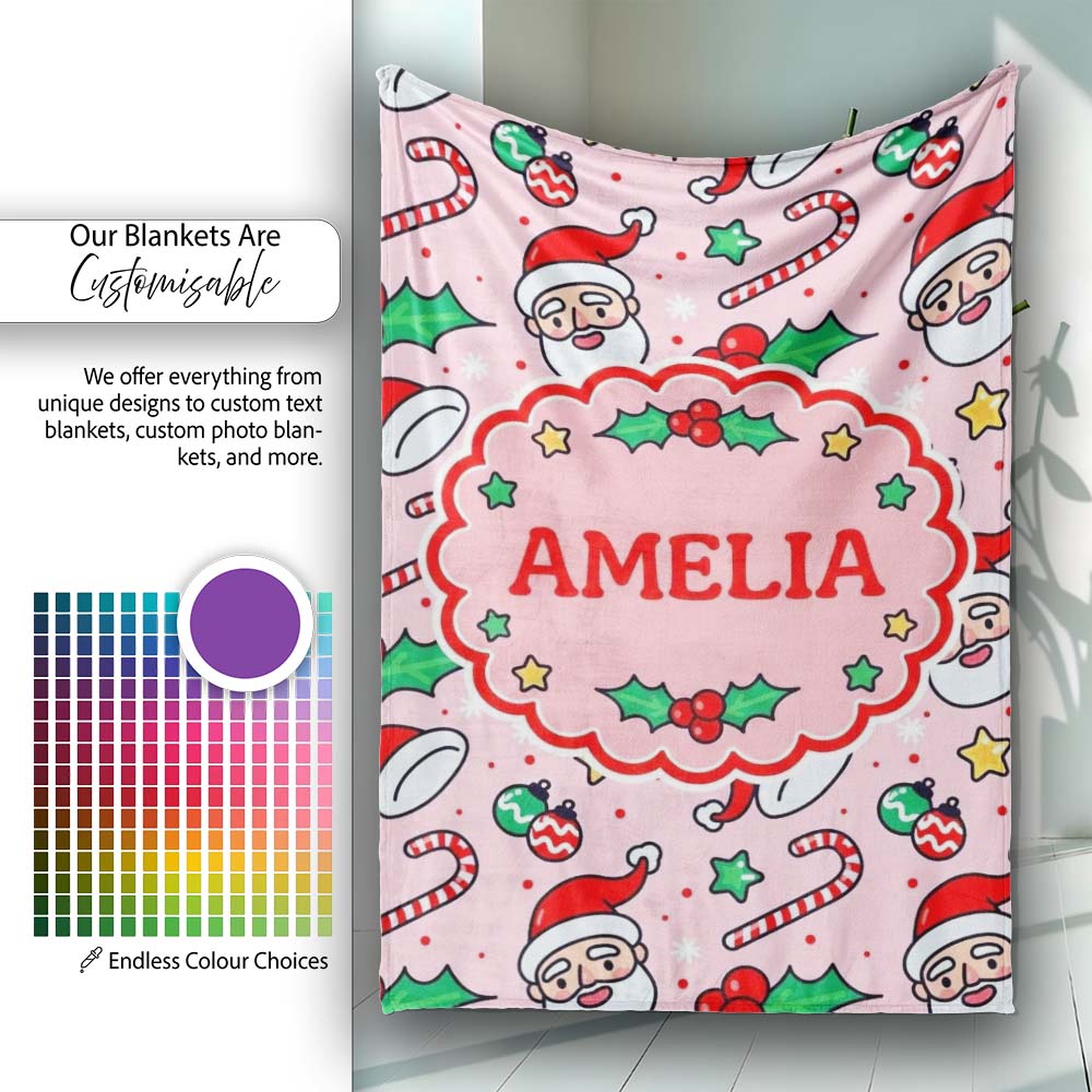 Cute Santa Face Candy Cane Holly Berry Seamless Pattern Lovely Personalised Custom Name Super Soft Fleece Blanket Bed Sofa Throw