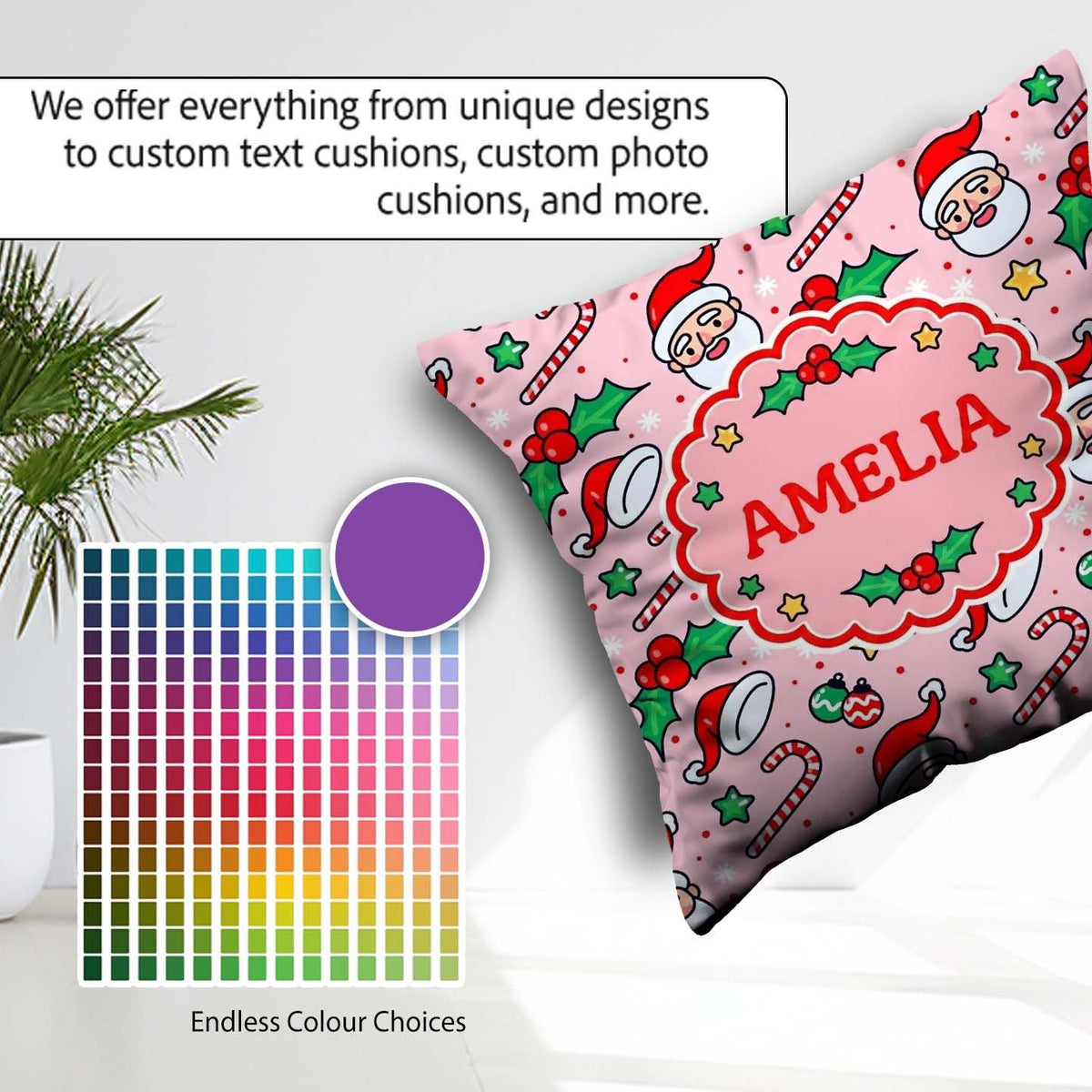 Custom Name Santa Face Candy Cane Holly Berry Seamless Pattern Square Filled Cushion Throw Pillow Sofa Bed Home Decor Zip Washable UK Made
