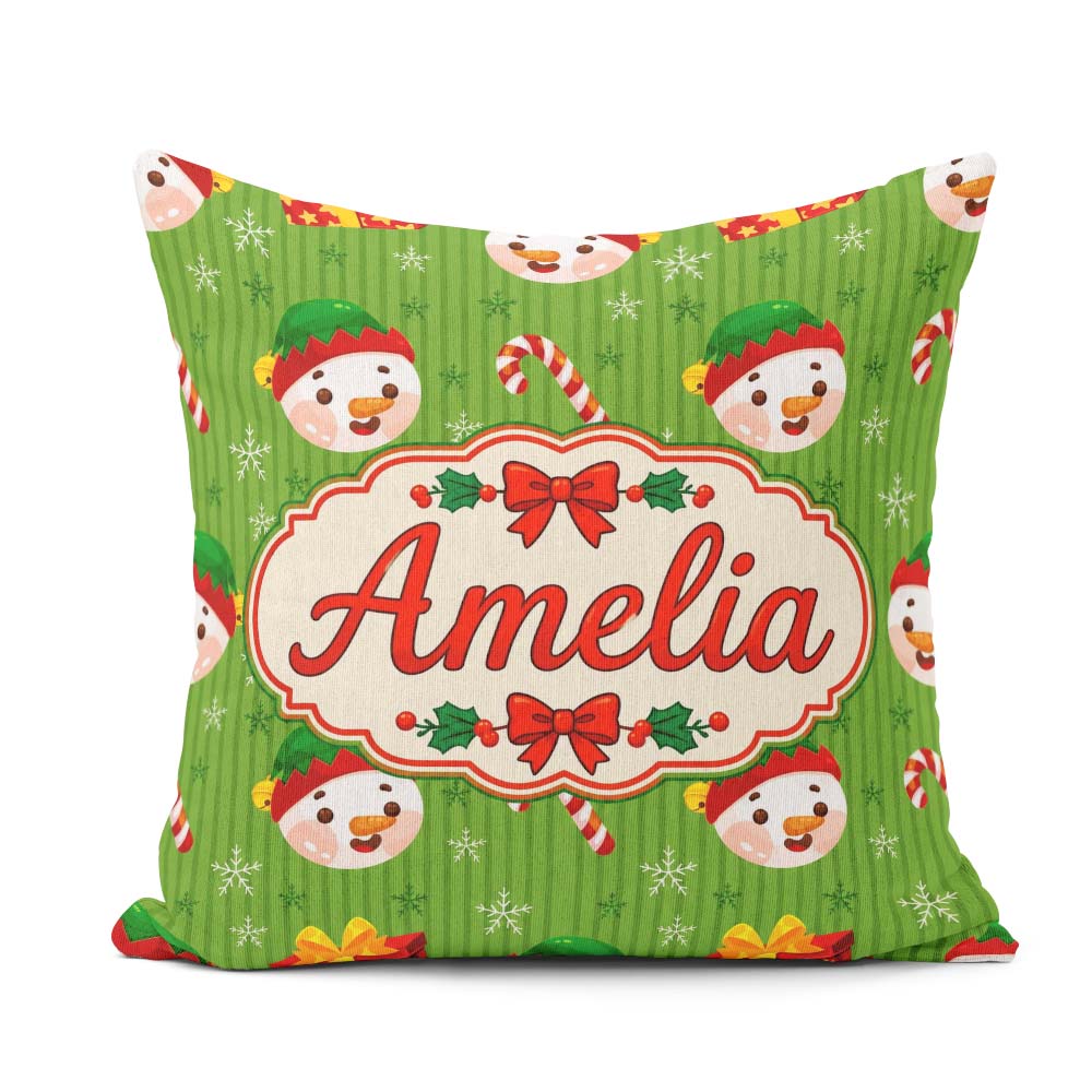 Custom Name Snowman Candy Cane Box Green Stripe Seamless Pattern Square Filled Cushion Throw Pillow Sofa Bed Home Decor Zip Washable UK Made