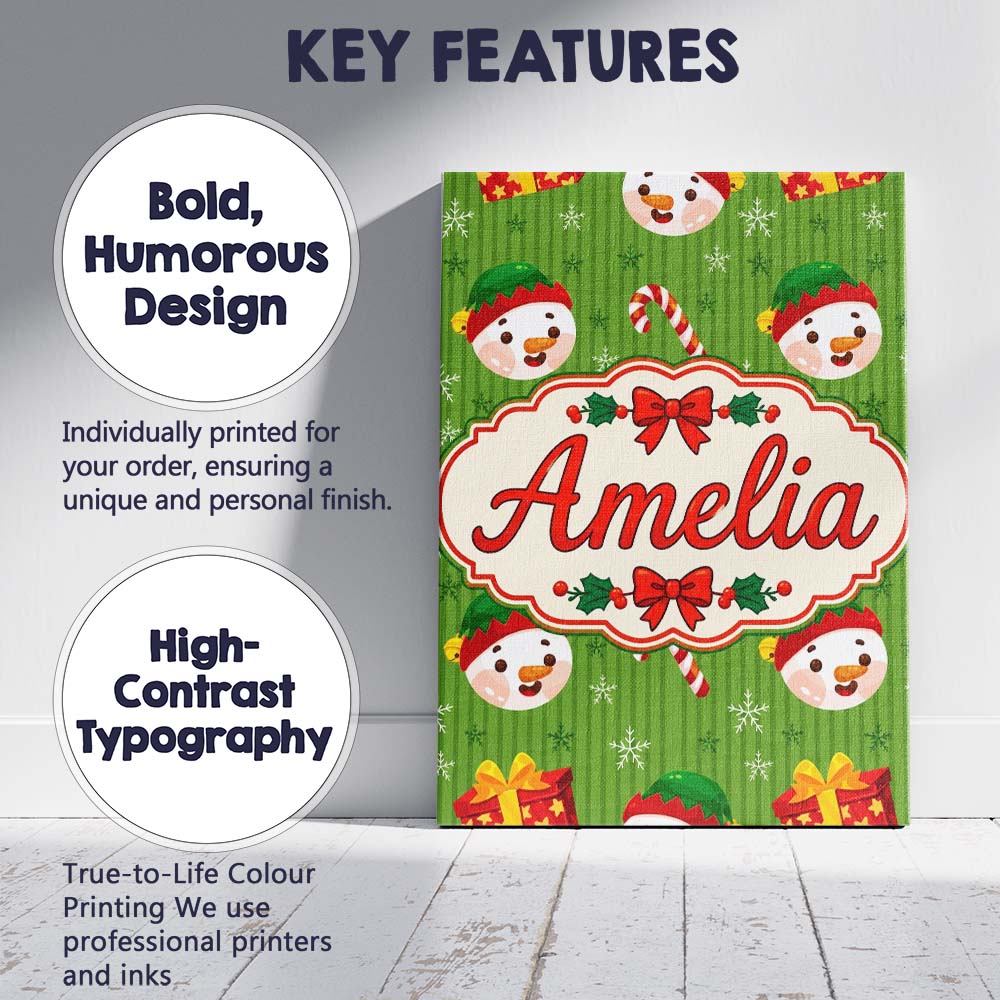 Personalised Name Cute Snowman Candy Cane Custom Unique Gift Idea Elegant Feature Canvas Wall Art Print Decor Picture Ready to Hang
