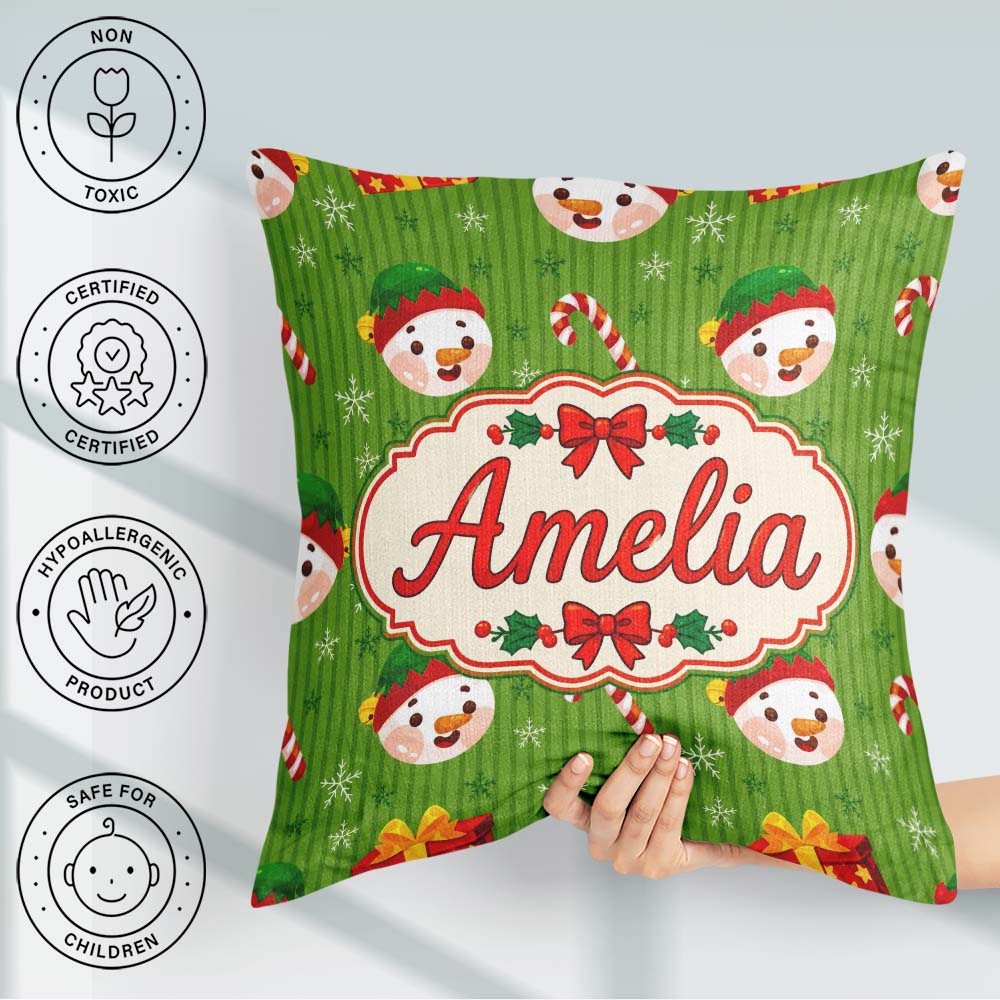 Custom Name Snowman Candy Cane Box Green Stripe Seamless Pattern Square Filled Cushion Throw Pillow Sofa Bed Home Decor Zip Washable UK Made