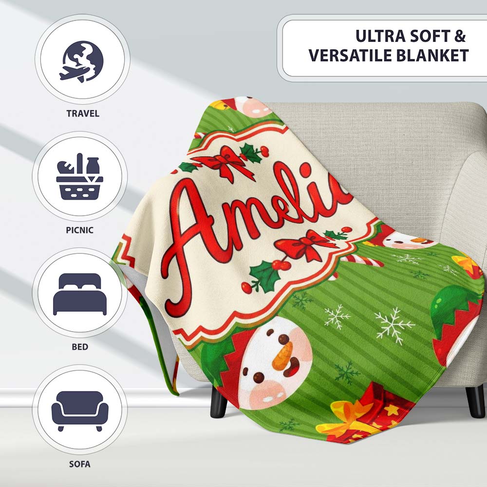 Cute Snowman Candy Cane Gift Box Green Stripe Seamless Pattern Personalised Custom Name Super Soft Fleece Blanket Bed Sofa Throw