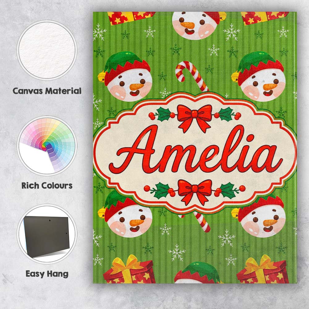 Personalised Name Cute Snowman Candy Cane Custom Unique Gift Idea Elegant Feature Canvas Wall Art Print Decor Picture Ready to Hang
