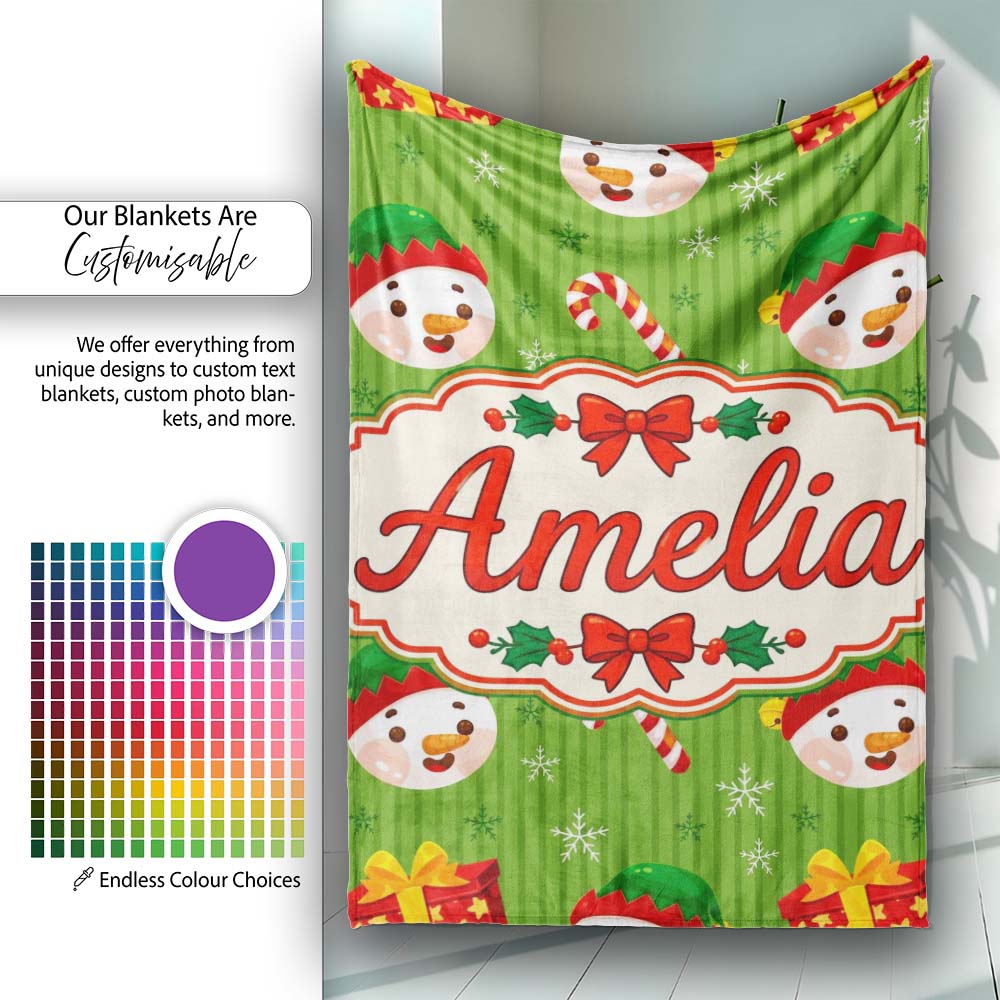 Cute Snowman Candy Cane Gift Box Green Stripe Seamless Pattern Personalised Custom Name Super Soft Fleece Blanket Bed Sofa Throw