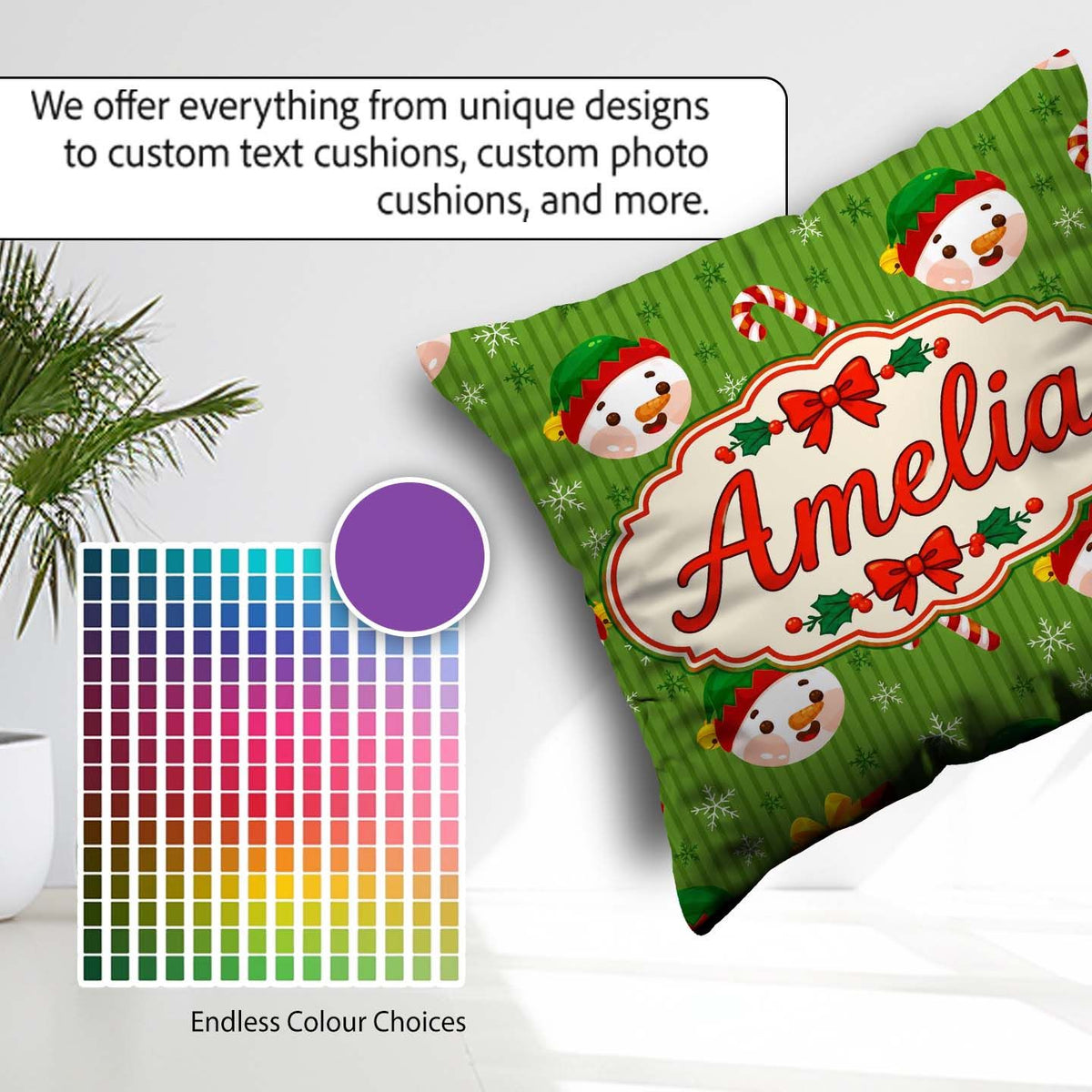 Custom Name Snowman Candy Cane Box Green Stripe Seamless Pattern Square Filled Cushion Throw Pillow Sofa Bed Home Decor Zip Washable UK Made