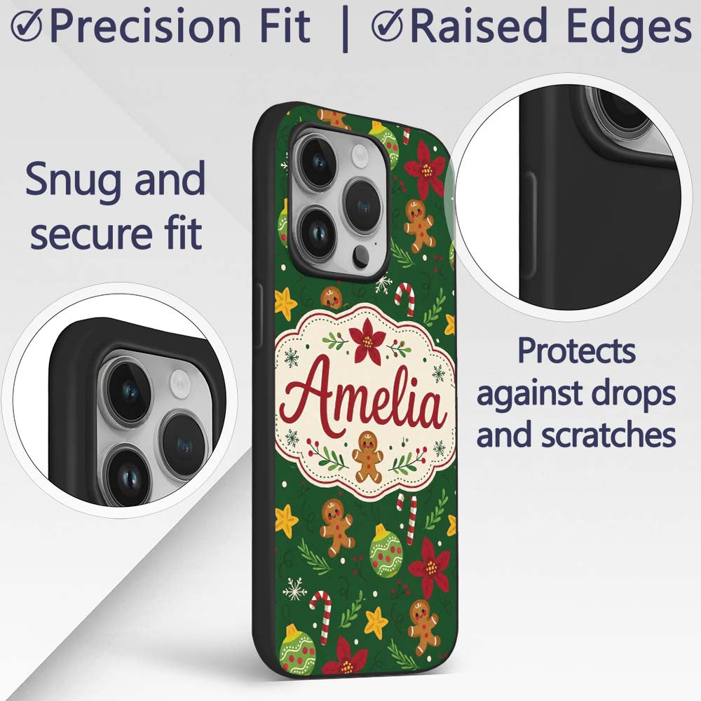 Cute Gingerbread Poinsettia Ornament Candy Cane Custom Name Protective Phone Case Mobile Cover Durable Everyday Smartphone Shock Resistant