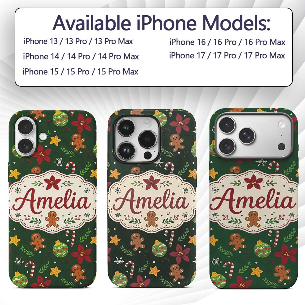 Cute Gingerbread Poinsettia Ornament Candy Cane Custom Name Protective Phone Case Mobile Cover Durable Everyday Smartphone Shock Resistant