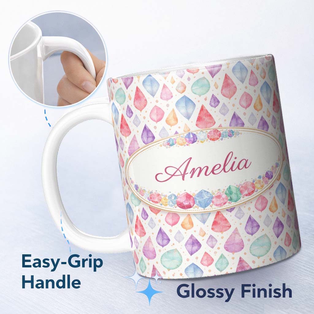 Personalized Custom Name Soft Pastel Gemstone Seamless Light Background Watercolor Crystal 11oz Ceramic Coffee Tea Mug White Large Handle