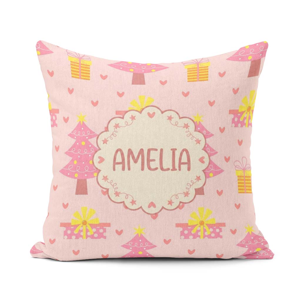 Custom Name Pink Christmas Tree Box Heart Seamless Pattern Cute Square Filled Cushion Throw Pillow Sofa Bed Home Decor Zip Washable UK Made