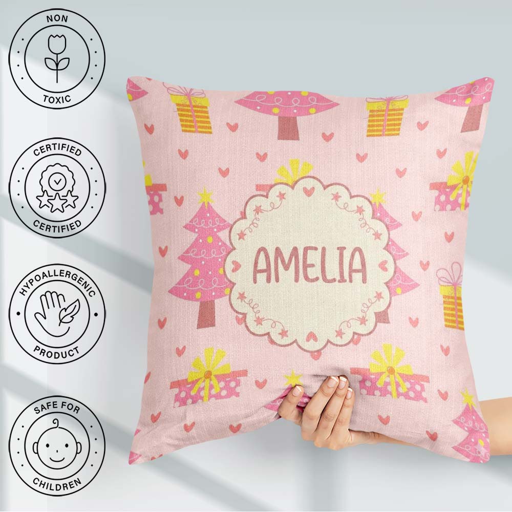 Custom Name Pink Christmas Tree Box Heart Seamless Pattern Cute Square Filled Cushion Throw Pillow Sofa Bed Home Decor Zip Washable UK Made