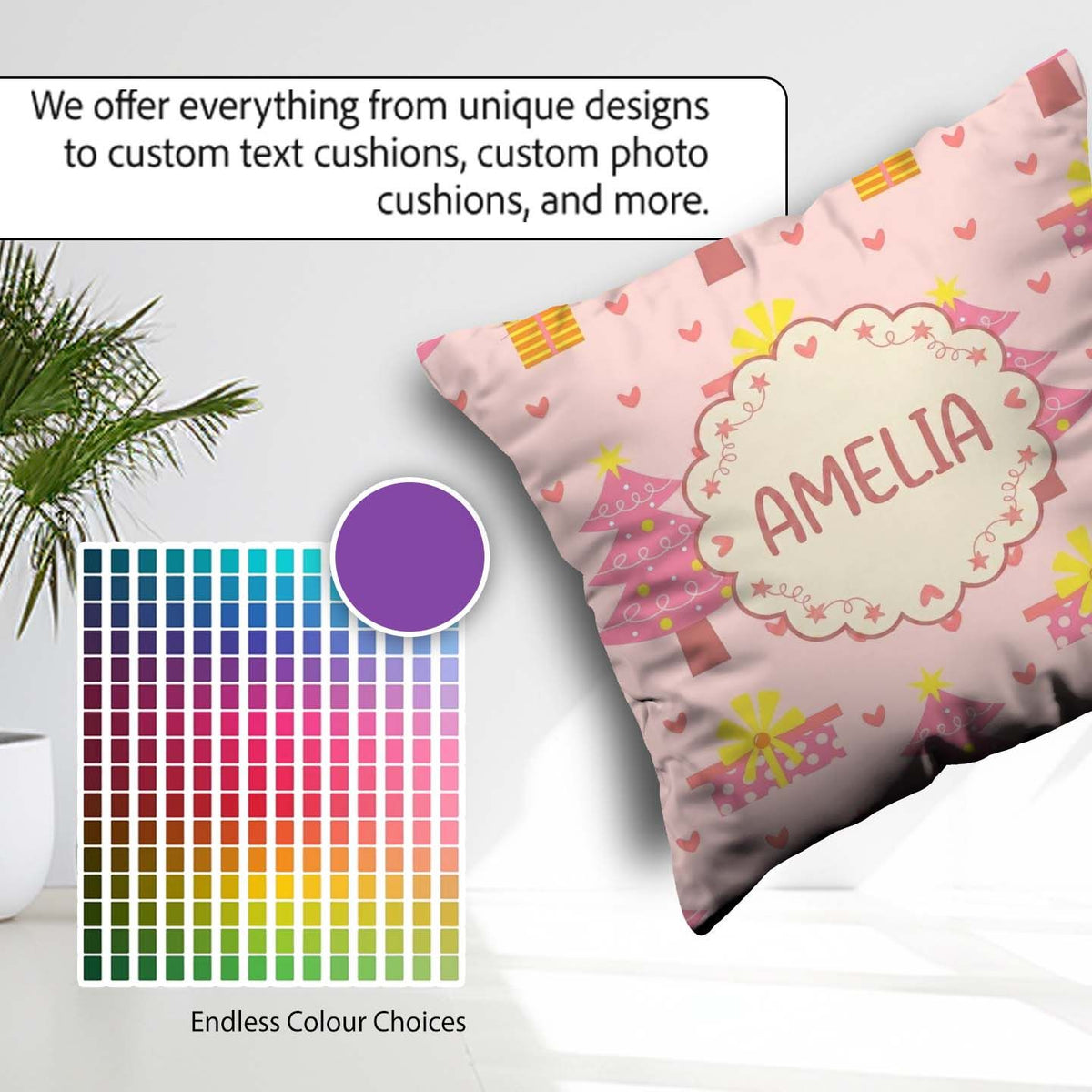 Custom Name Pink Christmas Tree Box Heart Seamless Pattern Cute Square Filled Cushion Throw Pillow Sofa Bed Home Decor Zip Washable UK Made