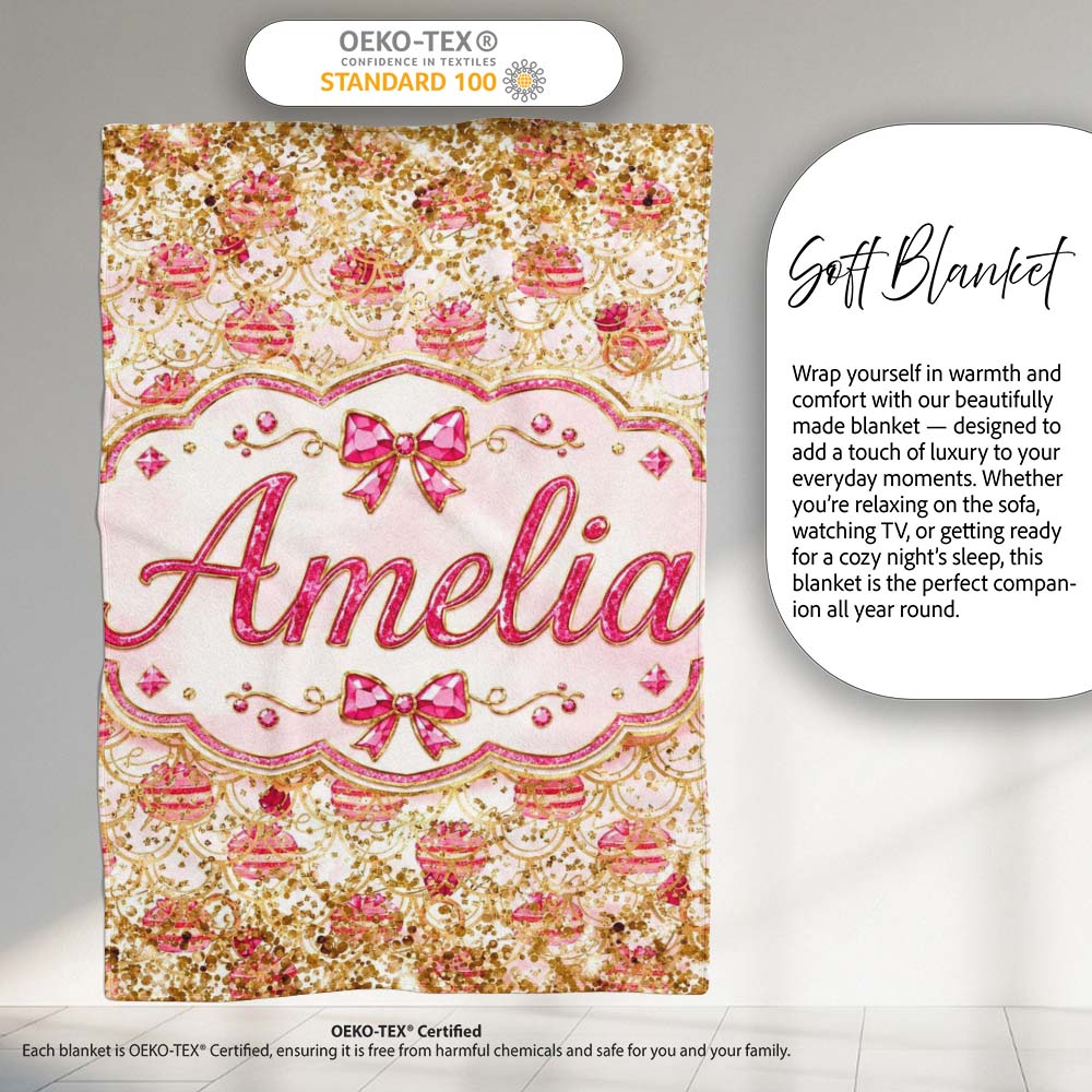 Luxury Pink Gold Ornament Glitter Seamless Pattern Cute Unique Gift Personalised Custom Name Super Soft Fleece Blanket Bed Sofa Throw