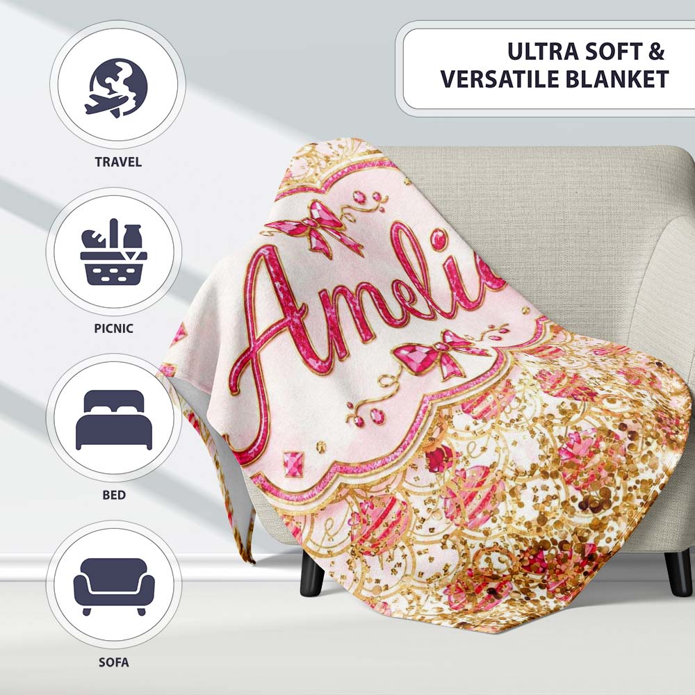 Luxury Pink Gold Ornament Glitter Seamless Pattern Cute Unique Gift Personalised Custom Name Super Soft Fleece Blanket Bed Sofa Throw