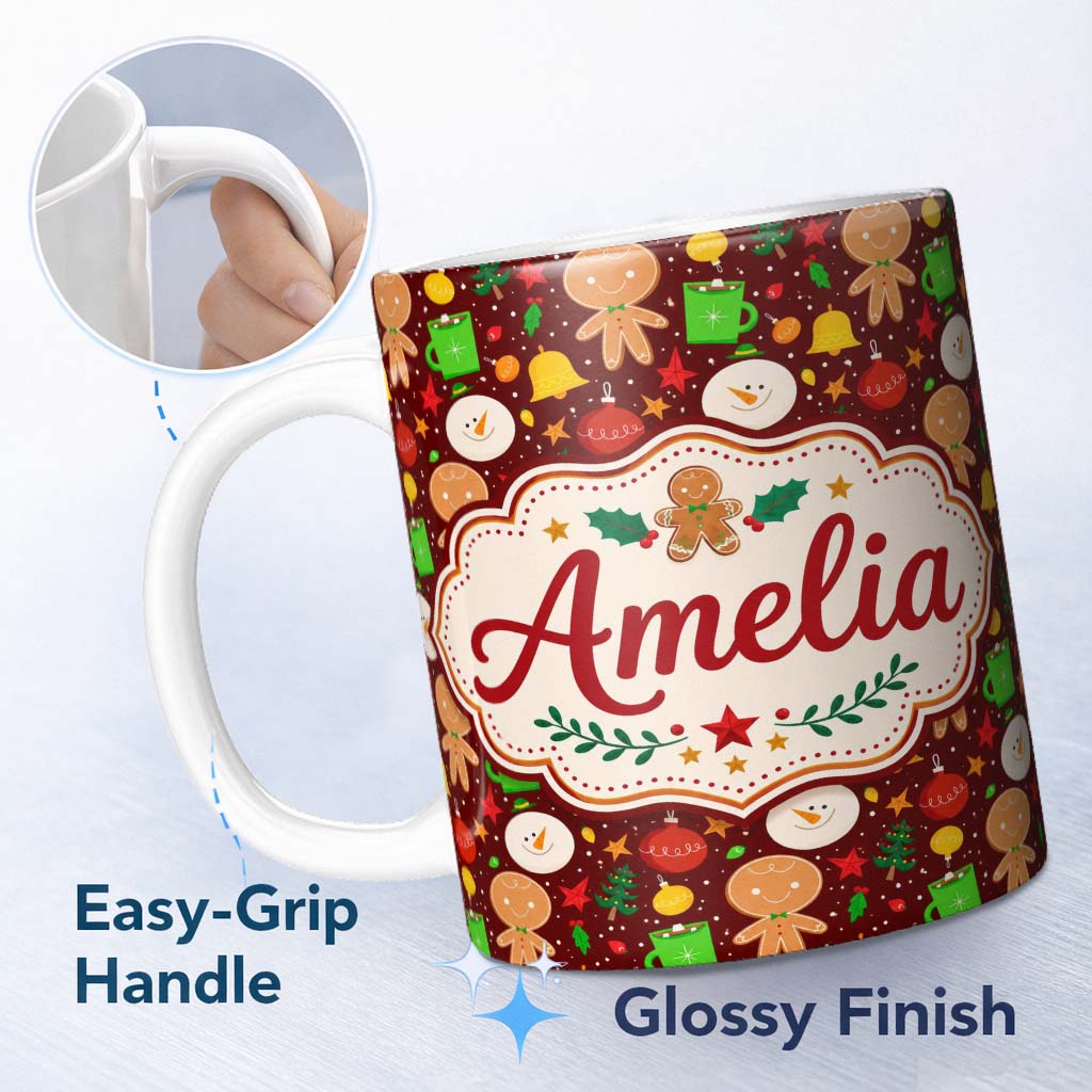 Personalized Custom Name Cute Gingerbread Snowman Mug Ornament Seamless Pattern Christmas 11oz Ceramic Coffee Tea Mug White Large Handle