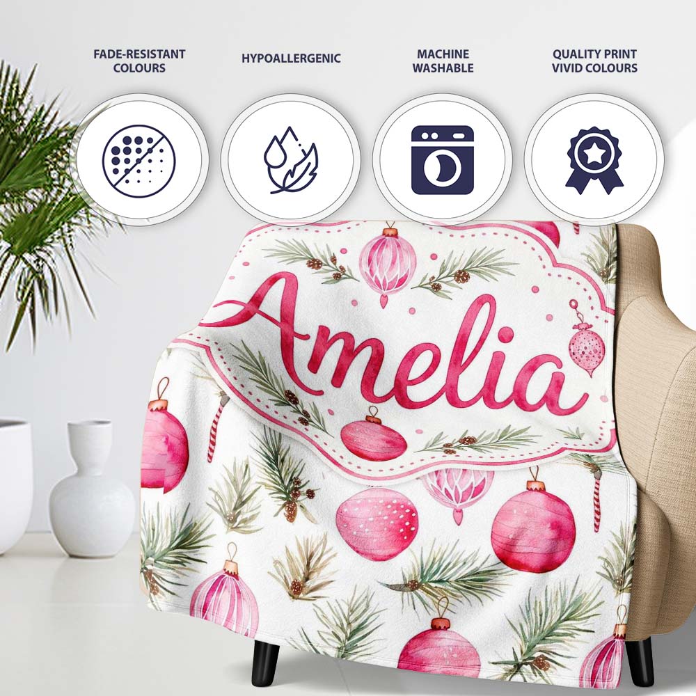 Watercolor Pink Bauble Pine Branch Christmas Seamless Pattern Lovely Personalised Custom Name Super Soft Fleece Blanket Bed Sofa Throw