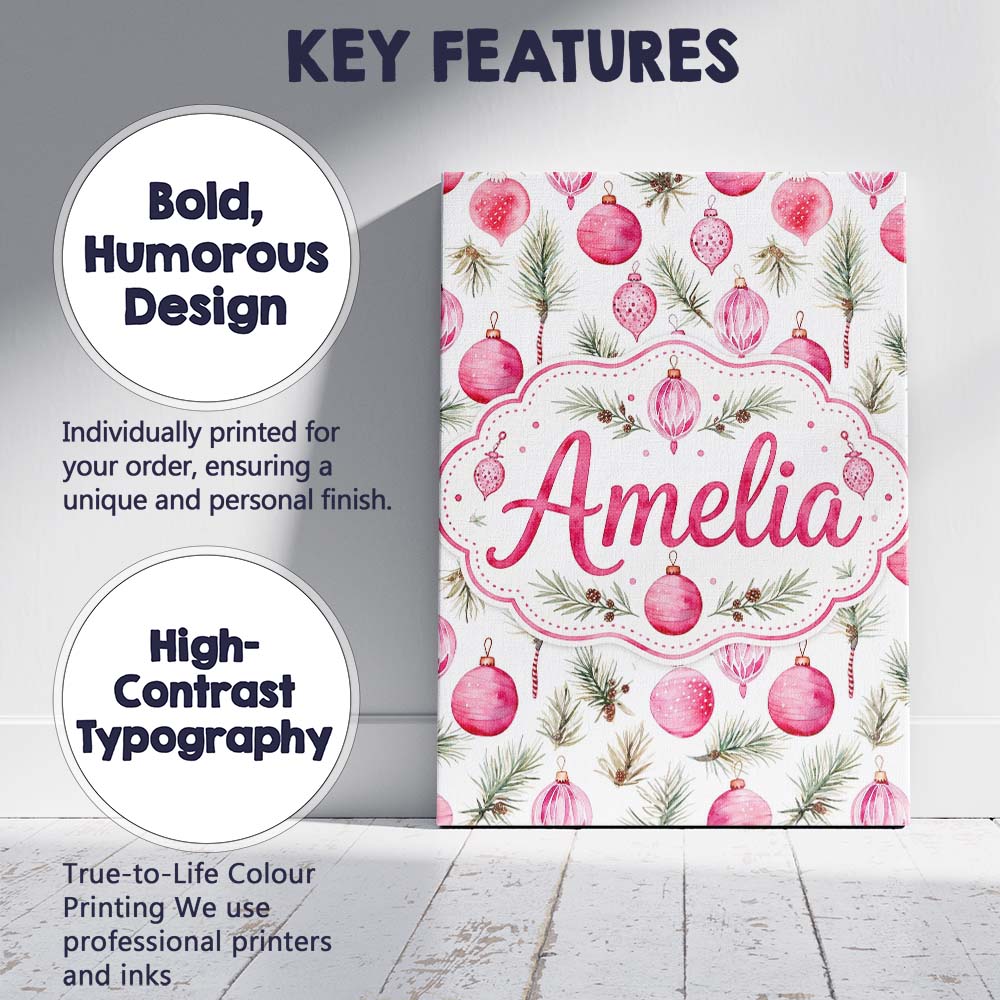 Personalised Name Watercolor Pink Bauble Custom Unique Gift Idea Elegant Feature Canvas Wall Art Print Decor Picture Ready to Hang
