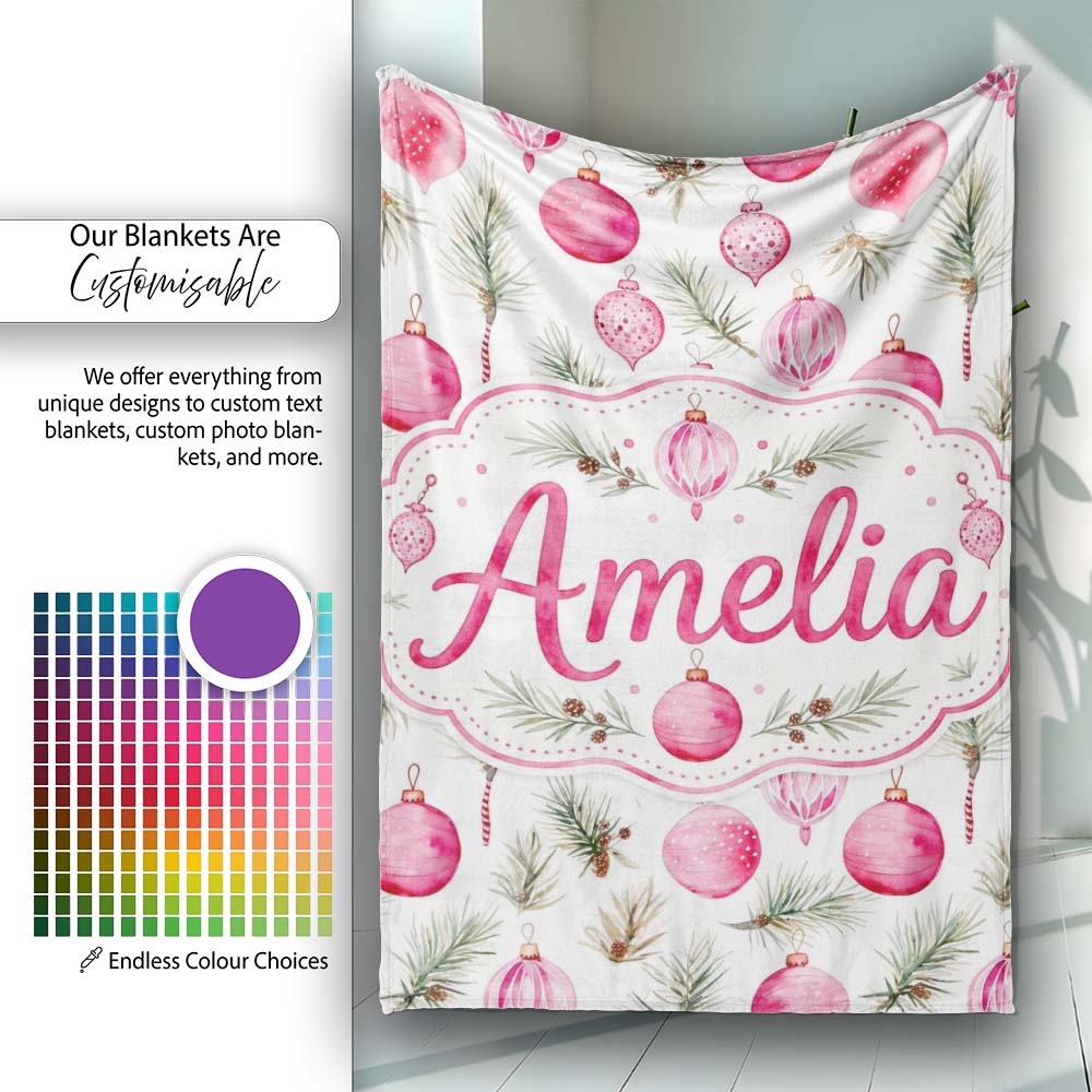 Watercolor Pink Bauble Pine Branch Christmas Seamless Pattern Lovely Personalised Custom Name Super Soft Fleece Blanket Bed Sofa Throw