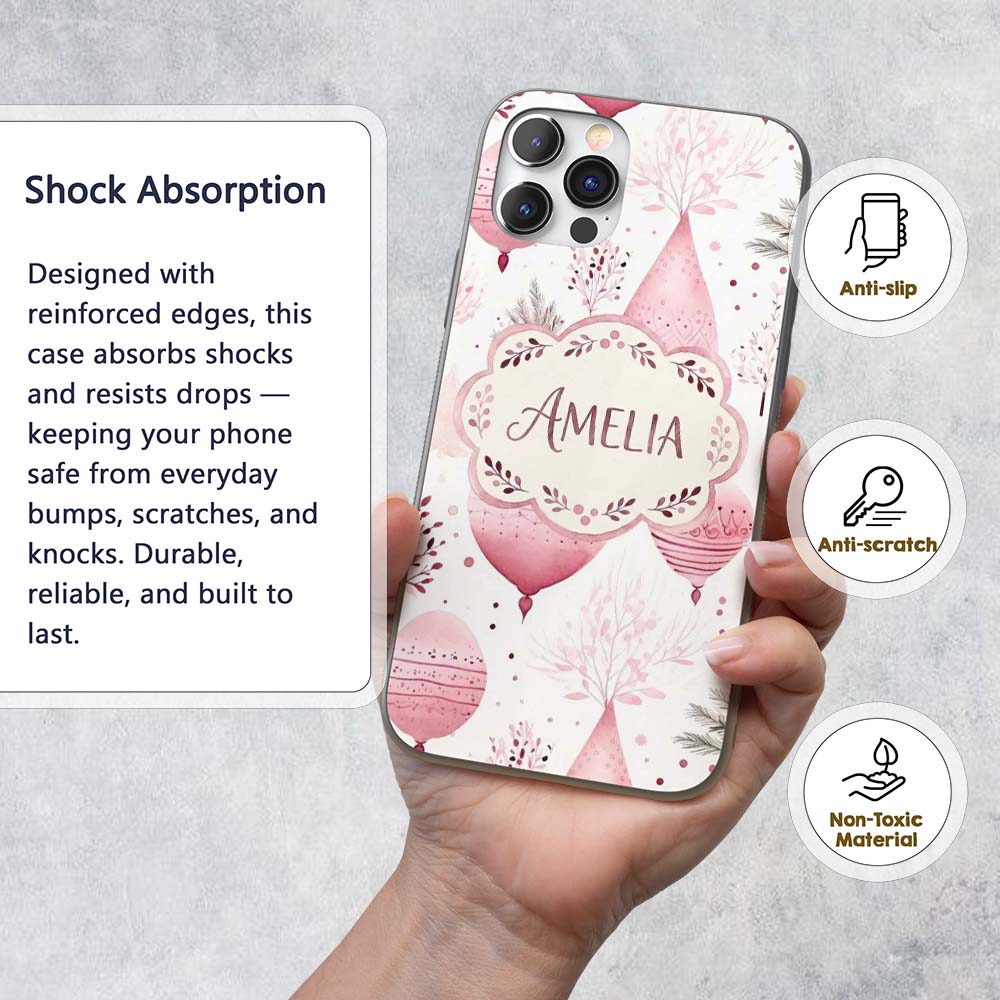 Watercolor Pink Christmas Bauble Printed Design Custom Name Protective Phone Case Mobile Cover Durable Everyday Smartphone Shock Resistant