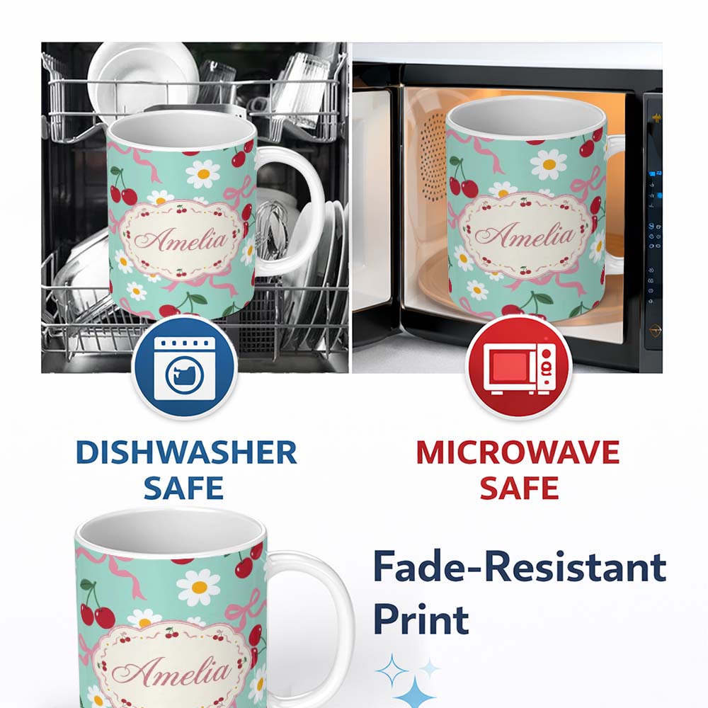 Personalized Custom Name Cute Cherry Bow and Daisy Seamless Pattern on Teal Cute Unique Gift 11oz Ceramic Coffee Tea Mug White Large Handle