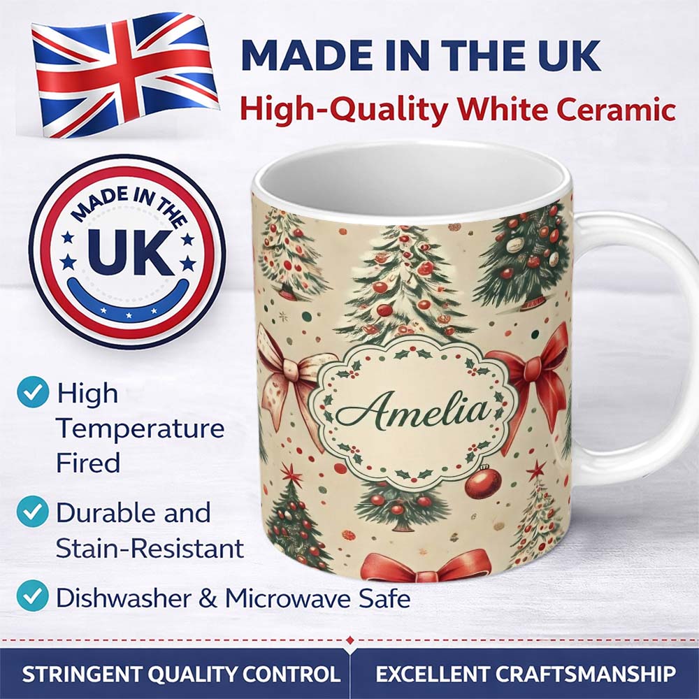 Personalized Custom Name Vintage Christmas Tree with Red Bows Ornaments and Snowflakes 11oz Ceramic Coffee Tea Mug White Large Handle