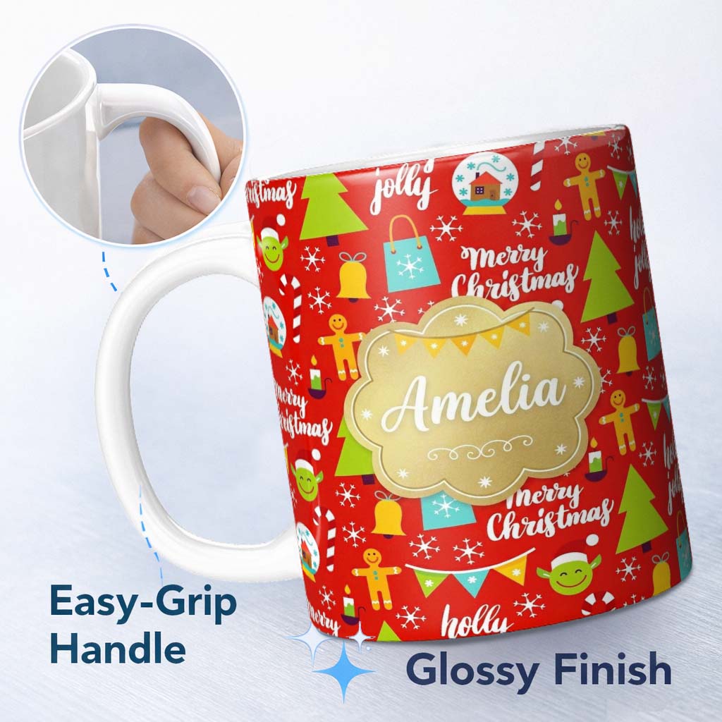 Personalized Custom Name Merry Christmas Holly Jolly Tree Candy Cane Snowflake Festive Lovely 11oz Ceramic Coffee Tea Mug White Large Handle