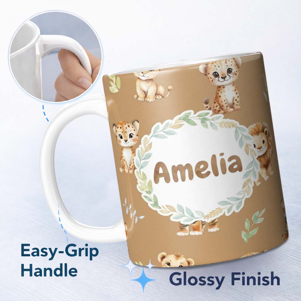 Personalized Custom Name Cute Baby Jungle Animals with Leaves on Warm Tan Background Seamless 11oz Ceramic Coffee Tea Mug White Large Handle