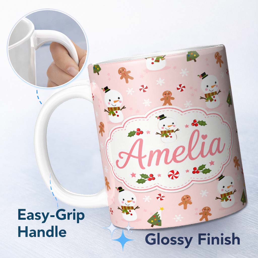 Personalized Custom Name Cute Snowman Gingerbread Candy Winter Seamless Pattern Lovely 11oz Ceramic Coffee Tea Mug White Large Handle