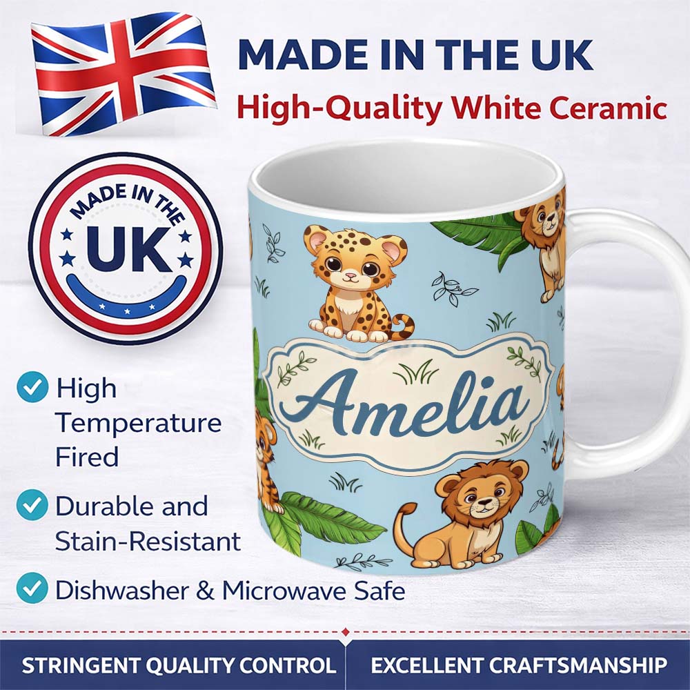Personalized Custom Name Cute Jungle Animals Leaves Seamless Pattern Perfect Gift for Her 11oz Ceramic Coffee Tea Mug White Large Handle