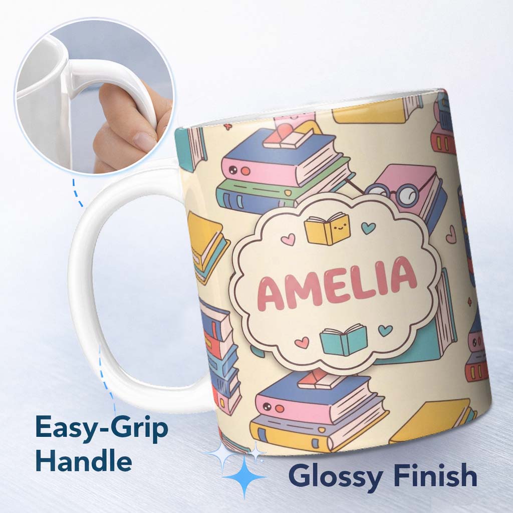 Personalized Custom Name Cute Kawaii Books Reading Glasses Study Theme Seamless Pattern 11oz Ceramic Coffee Tea Mug White Large Handle