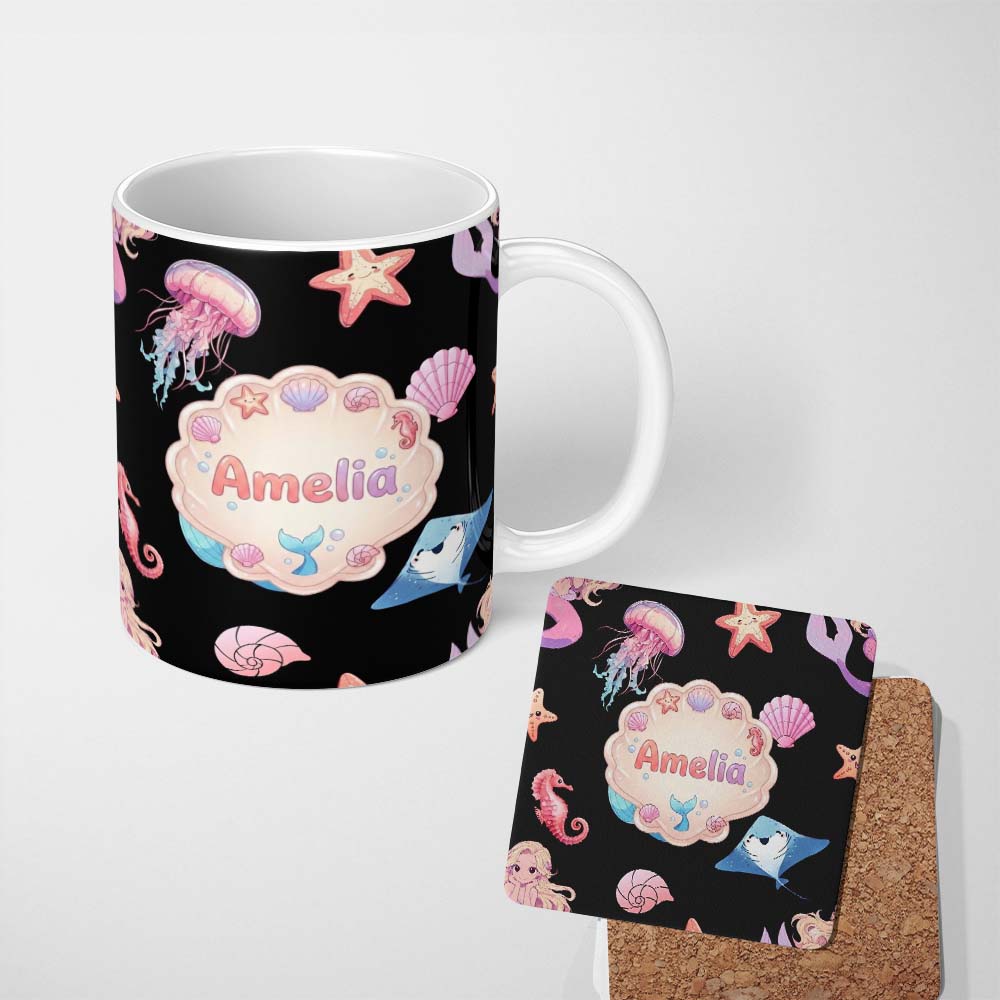 Personalized Custom Name Cute Mermaid with Sea Creatures on Black Background Seamless Pattern 11oz Ceramic Coffee Tea Mug White Large Handle