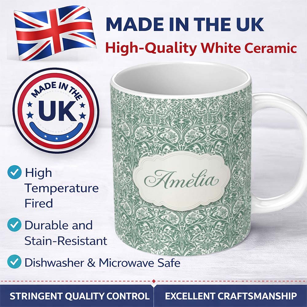 Personalized Custom Name Classic William Morris Style Green Botanical Seamless Pattern Lovely 11oz Ceramic Coffee Tea Mug White Large Handle