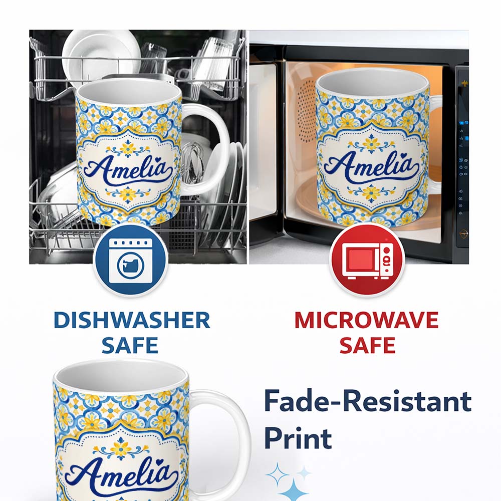 Personalized Custom Name Blue and Yellow Mediterranean Tile Pattern with Floral Motifs Lovely 11oz Ceramic Coffee Tea Mug White Large Handle