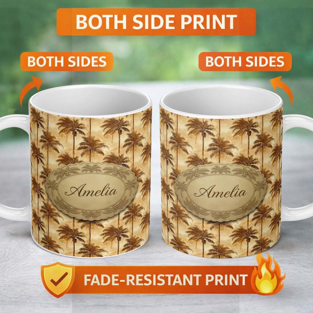 Personalized Custom Name Warm Brown Vintage Palm Tree Repeat Pattern on Aged Beige Background 11oz Ceramic Coffee Tea Mug White Large Handle