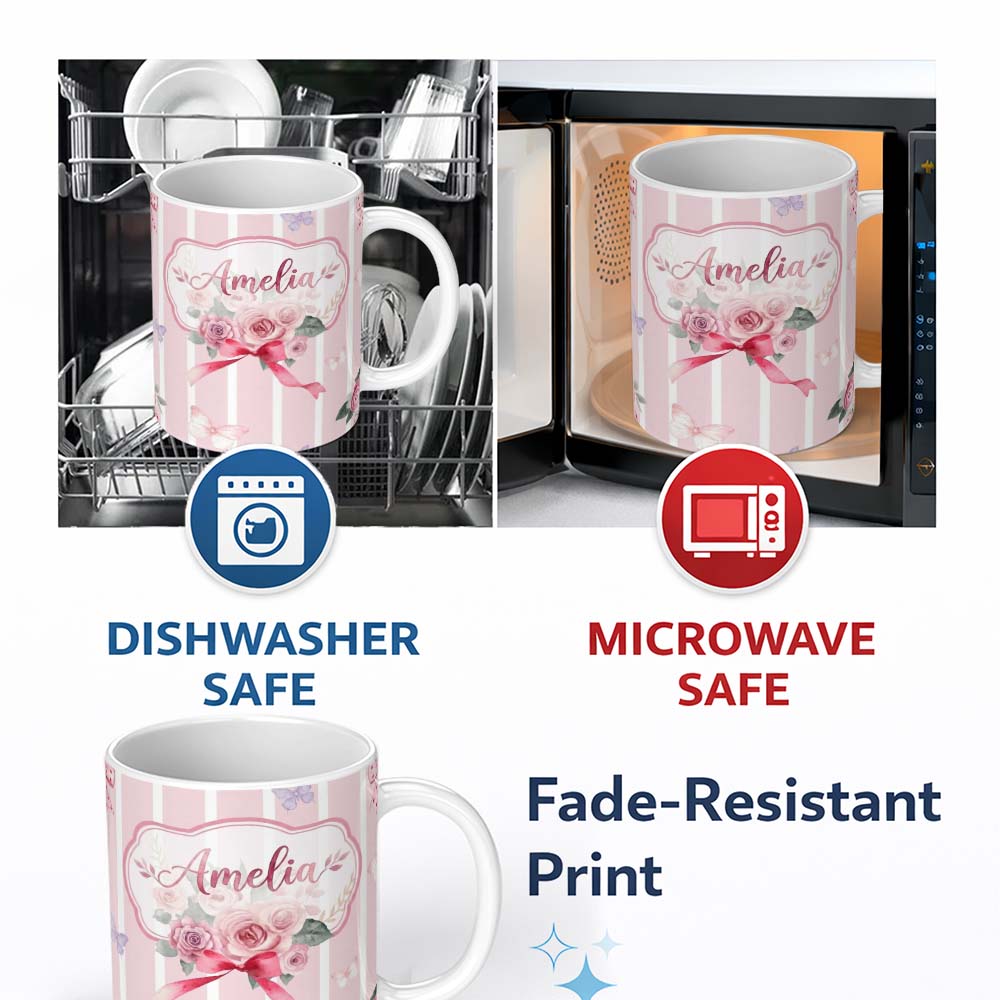Personalized Custom Name Cute Watercolor Roses Bouquet with Red Ribbon Blush Pink Stripe 11oz Ceramic Coffee Tea Mug White Large Handle