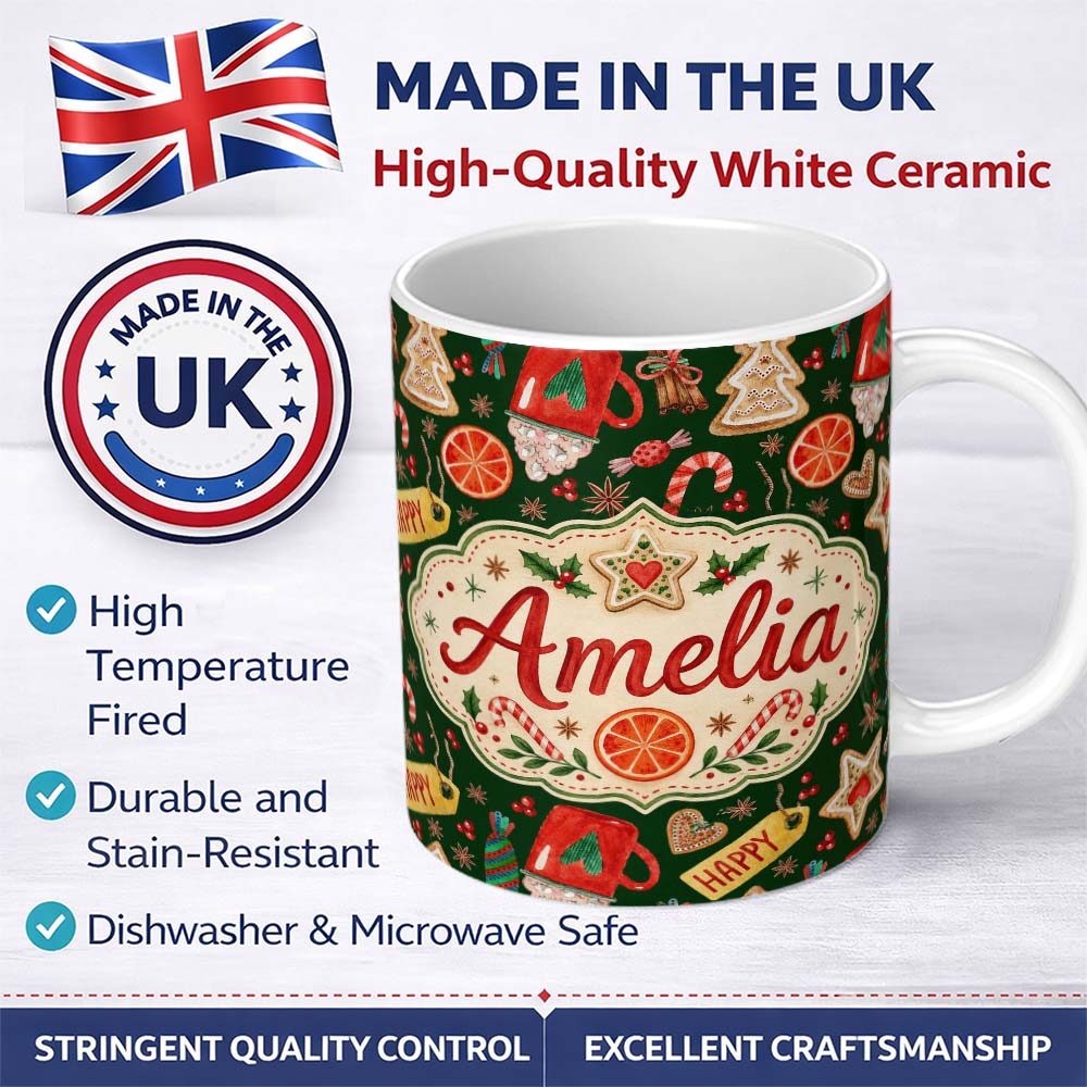 Personalized Custom Name Watercolor Christmas Mug Cookies Candy Orange Festive Seamless 11oz Ceramic Coffee Tea Mug White Large Handle