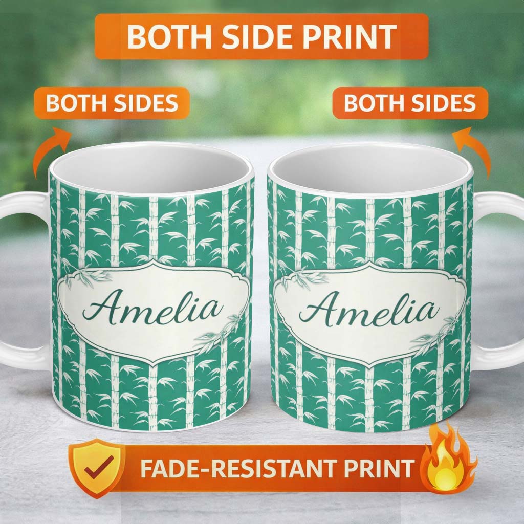 Personalized Custom Name Minimal Bamboo Stems Green Background Seamless Pattern Lovely 11oz Ceramic Coffee Tea Mug White Large Handle